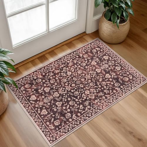 Vintage Entryway Rug Indoor, Burgundy Washable Rug 2x3, Small Area Rug with Non-Slip Backing, Floral Print Thin Faux Wool Super Soft Door Mat for Kitchen, Entrance, Bedroom, Office - color: Warm Burgundy Brown, size: 2' x 3' (Rectangular)