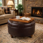 HomePop 25" Button Tufted Round Storage Ottoman - Distressed Brown Faux Leather - color: Brown