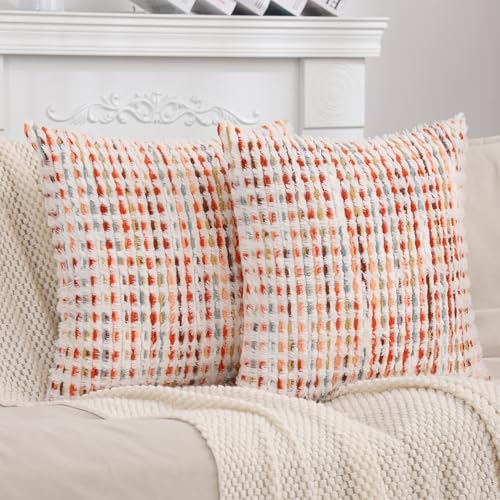 LUOYEHK Boho Throw Pillow Covers 20x20 Inch Set of 2 Chenille Tufted Pillowcase Farmhouse Neutral Cushion Covers for Couch Sofa Bed Living Room, Orange Red - color: Orange Red, size: 20" x 20" (Pack of 2)