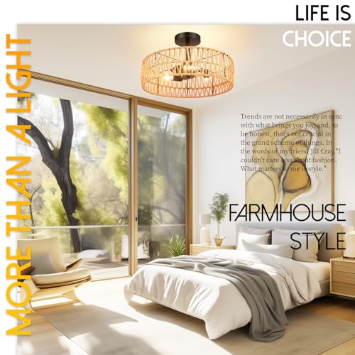 Hamilyeah Boho Woven Flush Mount Ceiling Light Fixture, 16 inch Rattan Light Fixture Ceiling Mount for Living Room, Bedroom, Kitchen - color: Black 16INCH Semi Ceiling Light
