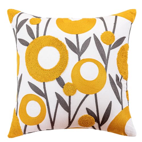 vctops Boho Floral Tufted Decorative Throw Pillow Cover Botanical Embroidered Cotton Cushion Cover for Couch Sofa Bed (Flower D,18"x18") - color: Flower D, size: 18" x 18" (Pack of 1)