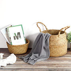Patelai 3 Set Seagrass Belly Storage Basket Woven Plant Pot Holder with Handles for Plants Picnic Grocery Laundry(Natural Color)