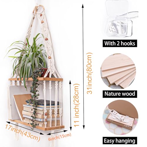 TENEWEE Boho Wall Hanging Shelves Macrame Floating Plant Photos Wood Shelf for Bedroom Living Room Apartment Decor - color: White