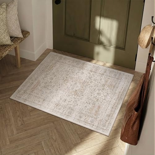 2x3 Washable Area Rug Beige Vintage Non Slip Soft Low Pile Small Rug for Entryway Kitchen Bathroom Distressed Oriental Throw Carpet for Living Room Bedroom Home Decor - color: Light Beige, size: 2' x 3' (Rectangular)