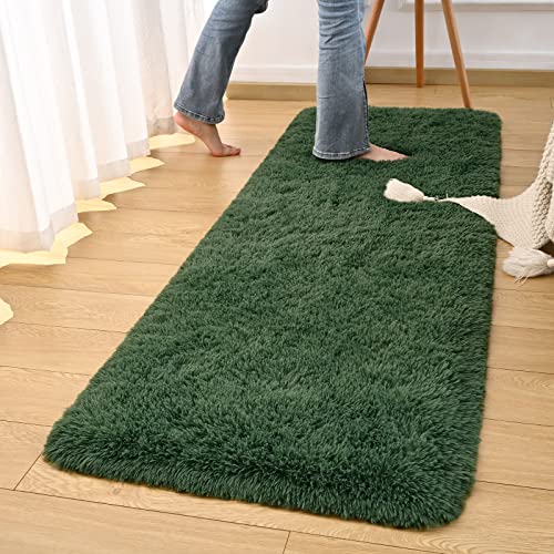 DweIke Fluffy Dark Green Runner Rugs for Bedroom, 2x6 Feet Soft Plush Long Runners for Girls Boys Kids, Non-Slip and Machine Washable Bedside Rug, Small Throw Carpet for Hallway Rooms Decor - color: Dark Green, size: 2 Ft X 6 Ft