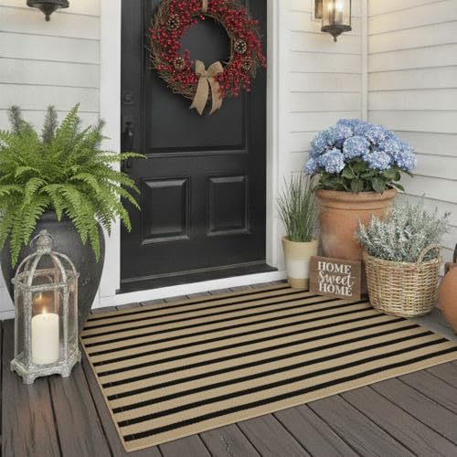 LEEVAN Black and White Front Door Rug 2.3x3.6, Striped Outdoor Rug Washable Welcome Layered Door Mats, Woven Front Porch Decor Indoor Entrancet Dooramts - color: Black and Tan, size: 2'4" x 3'7" (Rectangular)