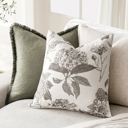 Foindtower Set of 2 Linen Floral Vintage Throw Pillow Covers Neutral Accent Decorative Cushion Covers Farmhouse Boho Home Decor for Sofa Chair Couch Bedroom Living Room,18×18 Inch,Light Gray - color: Light Gray, size: 18" x 18" (Pack of 2)