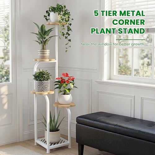 TOSKING 5 Tier Metal Anti-Tip Plant Stand indoor, Wide Base for Pots, Child and Pet Friendly ,Heavy Duty Plant Shelf , Corner Shelf, Flower Pot Stand for Multiple Plants, Indoor Plants Tiered Stand for Living Room Balcony Garden Patio Bedroom (White and W