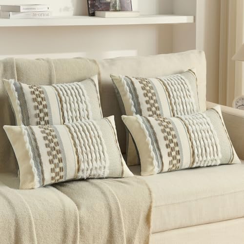 FUTEI Pack of 2 Boho Chenille Decorative Throw Pillow Covers 18x18 Inch Soft Plush Tufted Striped Textured Cushion Case,Farmhouse Accent for Couch Bed Living Room, Grey Brown - color: Grey+brown, size: 18" x 18" (Pack of 2)