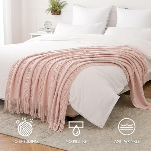 MIULEE Light Pink Knitted Throw Blanket for Couch Bed, Boho Textured Cozy Woven Decorative Farmhouse Blanket with Tassels for Sofa Chair Living Room 50"x60" - color: Pink, size: 50" x 60"