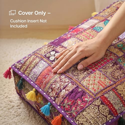 THE ART BOX Cotton Patchwork Vintage Boho Embroidered Floor Pillows & Cushion Cover Dog Pouf Seating Pouf Meditation Pillow Pet Bedding Cat Bed Boho Home Décor (35x35 Inches, Cover Only) - color: Purple