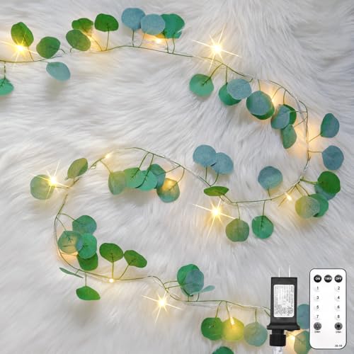 suddus Vines with Lights Plug in, 33ft 100 LED Eucalyptus Garland String Light Connectable with Remote, Leaf Lights for Bedroom, Room, Wall, Garden, Party, Wedding Dorm Decor (Warm White) - color: Eucalyptus, size: 100 LED-Plug-Clear Wire