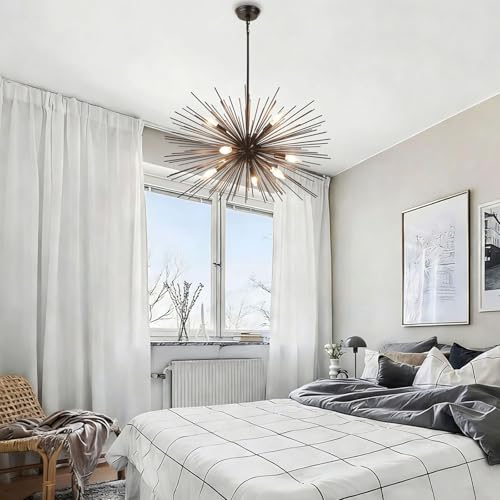 29" Vintage Black Sputnik Chandelier 9-Lights Large Starburst Chandelier with Adjust Rod Rustic Solid Metal Sputnik Satellite Chandeliers for Dining Room, Kitchen, Living Room, Foyer, E12 - color: Black 29" 9-Light