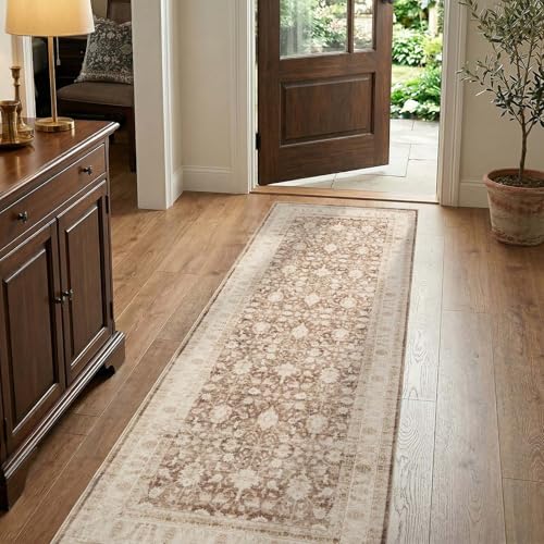 jinchan 2x6 Washable Vintage Runner Rug, Distressed Traditional Floral Kitchen Runner, Soft Low-Pile Non-Slip Floor Mat High-Traffic Aisle Hallway Rug for Entryway Laundry Room Bathroom, Taupe - color: Oriental Taupe, size: 2' x 6' (Runner)