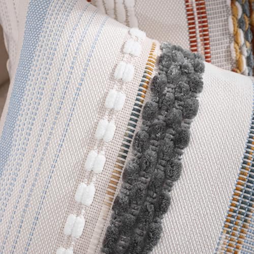 Boho Throw Pillow Covers 18x18 Set of 2 Striped Tufted Decorative Pillow Cases Accent Chenille Pillowcases Farmhouse Cushion Case Home Decor for Sofa Bed Living Room,Grey Blue White - color: Grey Blue White Stripe, size: 18" x 18" (Pack of 2)
