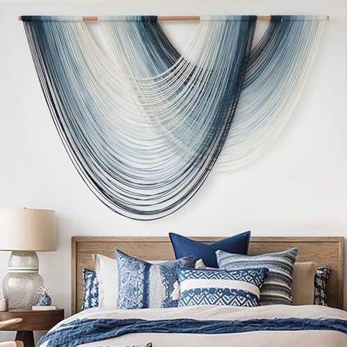 Macrame Wall Hanging Large Boho Wall Decor Navy Blue Ombre Fiber Wall Art Handmade Woven Wall Hanging for Living Room Bedroom Apartment Dorm Modern Bohemian Wall Decor 57" W x 39" L - color: Navy Blue