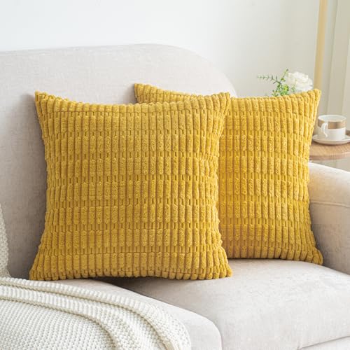 Mustard Yellow Corduroy Decorative Throw Pillow Covers 16x16 Inch Set of 2 Soft Striped Boho Couch Pillow Covers Spring Modern Farmhouse Home Decor for Sofa Neutral Living Room Bed - color: Mustard Yellow, size: 16" x 16" (Pack of 2)