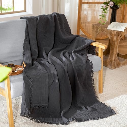MooMee Muslin Blanket - 100% Cotton 4-Layer Gauze Throw Blanket with All-Around Fringe, Soft Breathable Lightweight Cooling Summer Blankets for Bed Couch (Dark Grey,Throw XL 50" x 70") - color: Dark Grey, size: Throw XL