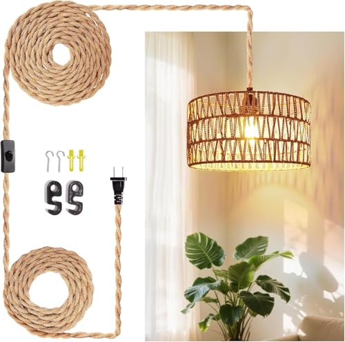 Hanging Light Ceiling Lamp Pendant Lights Rattan Hanging Lamp with Plug in Cord for Living Room Bedroom Kitchen Indoor Hanging Lamp Plug in Woven Lampshade - size: 12.6 Inch - Cylindrical Shade