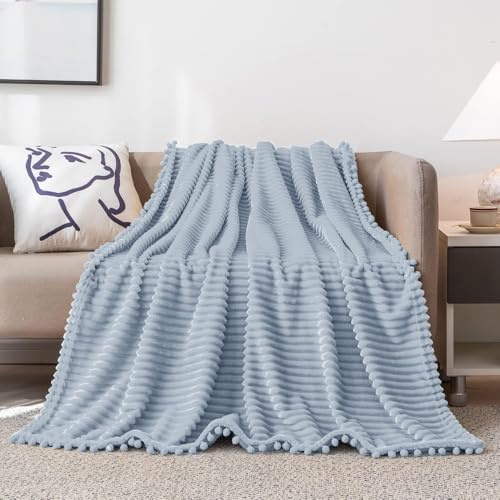 DISSA Fleece Blanket Twin Size – 60x80, Grey – Soft, Plush, Fluffy, Fuzzy, Warm, Cozy – Perfect Throw for Couch, Bed, Sofa - with Pompom Fringe - Flannel Blanket