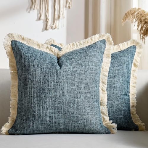 Couch Pillow Covers Faux Linen Decorative 16x16 Blue Boho Farmhouse Throw Pillowcases with Tassels Fringed Rustic Woven Textured Burlap Cushion Covers for Couch Sofa Bed Living Home Decor Set of 2 - color: Blue, size: 16" x 16" (Pack of 2)