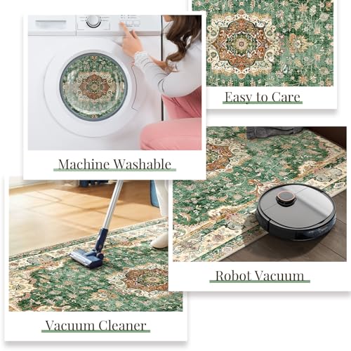 Green Rug 4'x6.5',Washable Area Rugs for Bedroom Living Room Kitchen Entryway Bedside,Small Boho Vintage Bohemian Distressed Oriental Non Slip Carpet,Retro Sage Floral - color: Green, size: 4'x6.5'