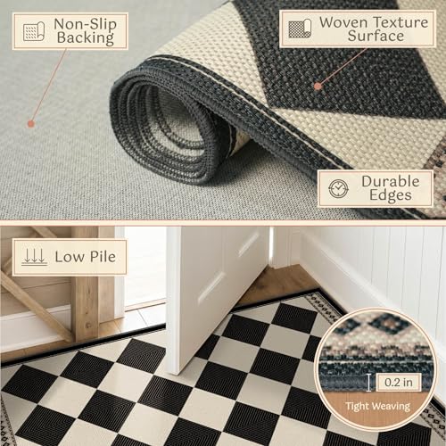 Black and White Diamond Outdoor Easy Jute Front Porch Rug 3x5, Washable Non-Slip Checkered Entryway Rug, Modern Farmhouse Boho Low Pile Indoor Carpet for Living Room, Kitchen, Mudroom, Laundry Room - color: Black White, size: 3' x 5' (Rectangular)