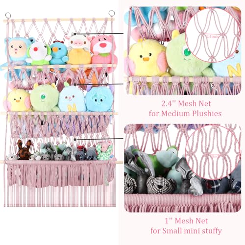 3 Tier Hanging Stuffed Animal Storage Shelf, 24x39 Inch Large Stuffed Animal Organizer Display for Mini Medium Stuffy Teddy, Pink Boho Macrame Stuffy Storage w/ LED Light & Clips for Kids Girls Boys - color: Light Pink, size: Large-3 Tier-24x39 Inch