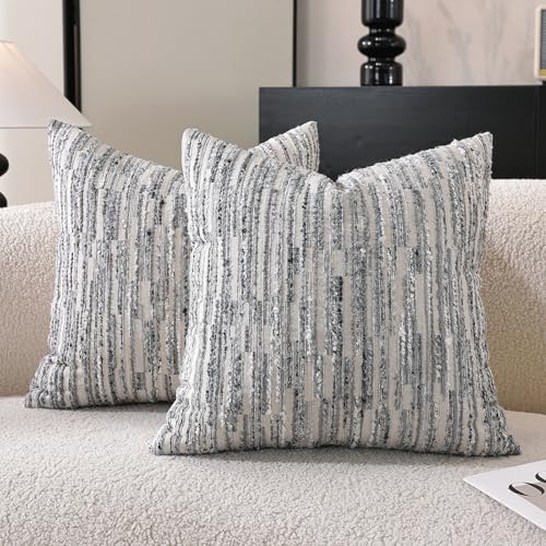 Striped Throw Pillow Covers 18x18 Set of 2 Gray Textured Boucle Chic Morden Boho Accent Farmhouse Decorative Chenille Pillow Covers for Home Decor Bed Sofa Living Room - color: Gray, size: 18" x 18" (Pack of 2)