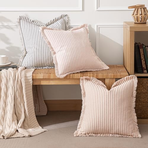 MIULEE Pack of 2 Pink Pillow Covers 18x18 Inch Striped Farmhouse Couch Spring Valentine Throw Pillow Covers with Fringe Chic Cotton Decorative Cushion Covers for Sofa Living Room Bed Home Decor - color: Pink, size: 18" x 18" (Pack of 2)