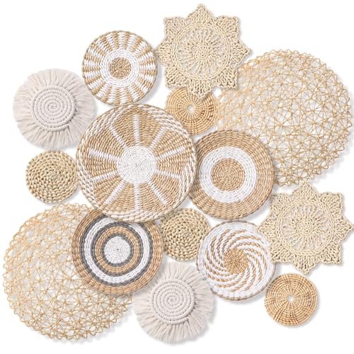 15 Pcs Boho Wall Basket Decor Woven Rattan Seagrass Wall Decor Hanging Rustic Farmhouse Western Art Decoration for Nursery Living Room Bedroom Home Kitchen(Grey White Style) - style: Grey White Style