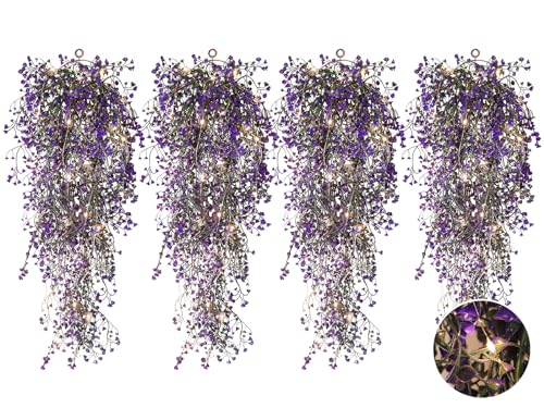 RECUTMS Artificial Hanging Plant 4 Pack Fake Fern with LED Lights Ivy Vines 2.5ft Faux Hanging Greenery Vine for Home Garden Wall Office Wedding Party Decoration (Purple) - color: Purple-light