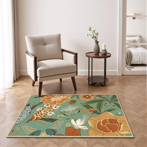 Tyrot Sage Green Boho Floral 2x3 Washable Kitchen & Entryway Rug Ultra-Thin Flat Woven Low Pile Botanical Butterfly Area Rug Non-Slip Indoor Door Mat for Bathroom Bedroom - color: Sage Bloom, size: 2' x 3' (Rectangular)