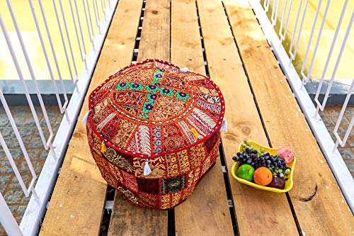 THE ART BOX Cotton Patchwork Vintage Boho Embroidered Bean Bag Seating Pouf Covers Ottoman Kids Stool Decorative Chair Boho Home Décor (14x22 Inches, Cover Only) - color: Red, size: 22"D x 22"W x 14"H