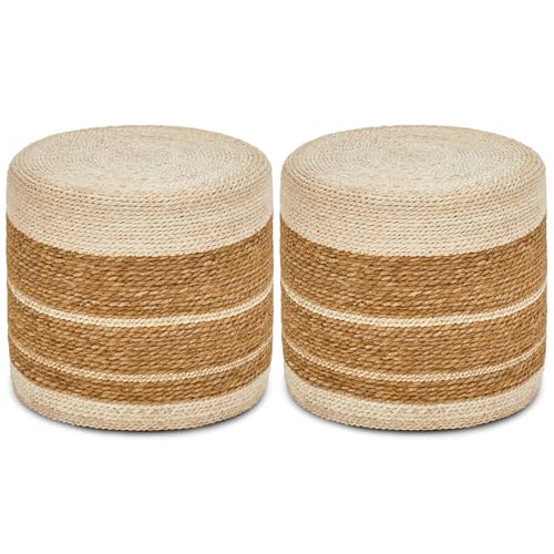 Wimarsbon 2Pcs Pouf Ottomans, Natural Seagrass Foot Stool, Hand Weaving Round Ottoman, Boho Decorative Seat, Jute Braided Pouffe Poof Accent Sitting Footrest for Living Room (18inch 68LG) - color: 18inch Cattail&corn Shell