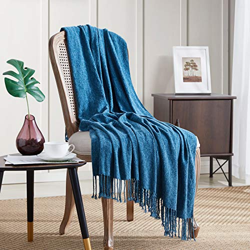 BOURINA Chenille Throw Blanket with Decorative Fringe for Couch Sofa Chair Blanket (50x60 Inches) Dark Blue - color: Dark Blue, size: 50"×60"