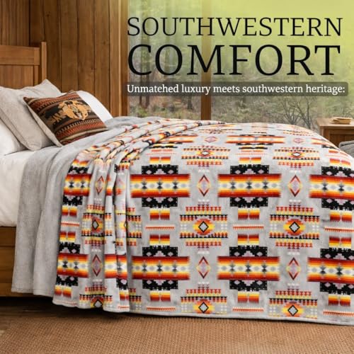 Sacred Thread Aztec Blanket Fleece, Reversible Native American Blanket, Western Throw, Native American Western (Grey Flannel), Full (60”x80”) - color: Grey Flannel, size: Full (60”x80”)