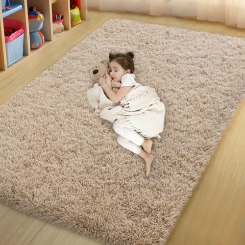 qulint Bedroom Area Rugs 4x6, Fluffy Soft Shag Kids Rug for Boys and Girls Small Carpet for Nursery, Fuzzy Plush Shaggy Alfombras for Teen Dorm Livingroom Home Decor Aesthetic (4ft x 6ft, Light Tan) - color: Lighttan, size: 4' x 6' (Rectangular)