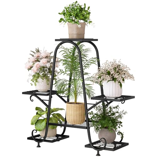 INGIORDAR Plant Stand Indoor Outdoor Shelf Metal Holder Pot Rack Multiple Plants Stand Tall 6 Pot Flower Shelf Corner Living Room Garden,Black (Black, 6 Pots) - size: 6 Pots