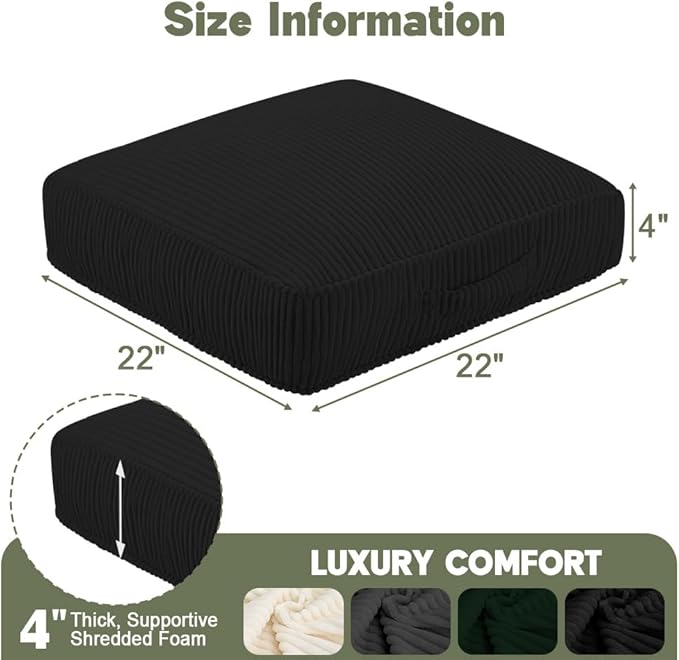 Floor Pillow for Adults Set of 2, 4" Square Floor Cushions with Washable Cover, Large Corduroy Meditation Pillow, 22 inches Tatami Seat with Handle for Living Room or Yoga, Black