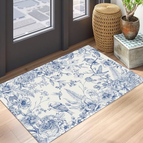 Spring Summer Blue Floral Bird Rug 2x3 Chinoiserie Vintage Flower Decorative Indoor Outdoor Doormat Small Non-Slip Low Pile Front Door Mat Area Rugs for Living Room Bedroom Home Decor - color: Chinoiserie Blue Flower
