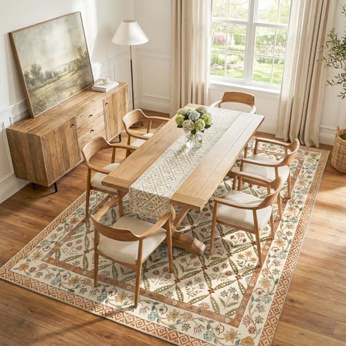 jinchan Haden 8x10 Large Area Rug for Living Room Vintage Floral Cottage Rug Soft Non-Slip Low Pile Washable Bedroom Dining Room Home Decor Girls Dorm Carpet Terracotta - color: Terracotta, size: 8' x 10' (Rectangular)