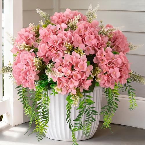 Ammyoo 8 Pcs Artificial Hydrangea Flowers Silk Champagne Fake Flower with Eucalyptus for Outdoor Decorations UV Resistant Realistic Faux Plants for Garden Porch Window Box Indoor Table Decor - color: Champagne