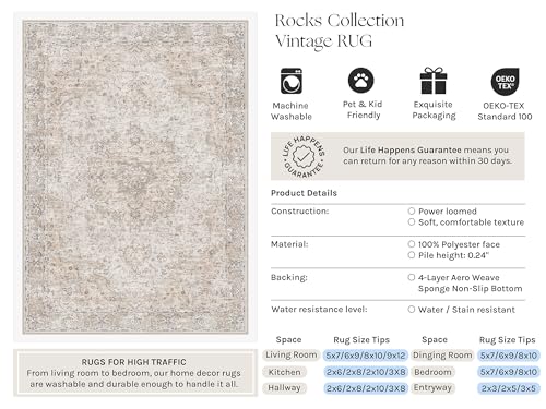 HUGEAR Area Rugs 6x9 Washable Rug for Living Room Bedroom Beige Vintage Rug Carpet Low Pile Non Slip No Shedding Soft Durable Indoor Dining Room Home Decor Floor Mat - color: Beige, size: 6' x 9' (Rectangular)