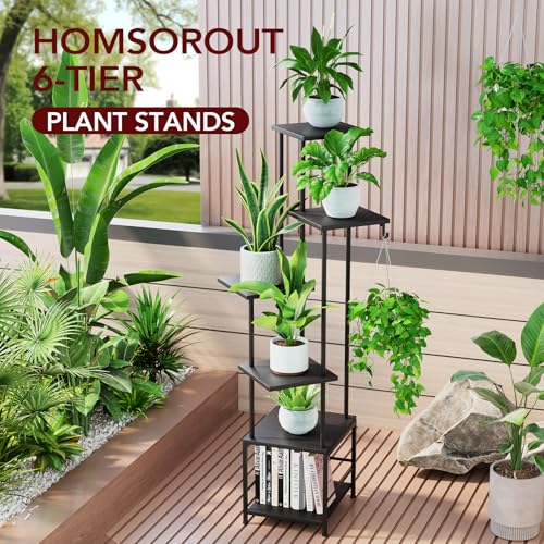 Homsorout Plant Stand Indoor with Grow Light - 6-Tier Metal Plant Shelf with Hanging Basket Hook, Corner Tall Flower Holder for Multiple Plants, Living Room Balcony Garden Patio, Black - color: Black, size: 6-Tier