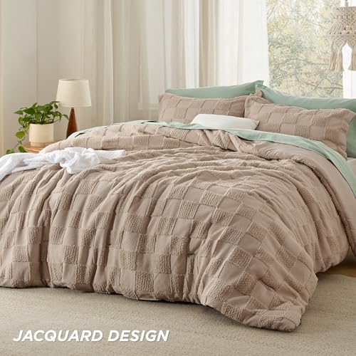 Bedsure Twin/Twin XL Size Comforter Set Khaki, Boho Tufted Bed Set, Checkered Farmhouse-Style Distressed Vintage Bedding, 2 Pieces, 1 Plaid Geometric Comforter and 1 Pillow Sham - color: 01 - Khaki - Tufted Checkboard, size: Twin/Twin XL