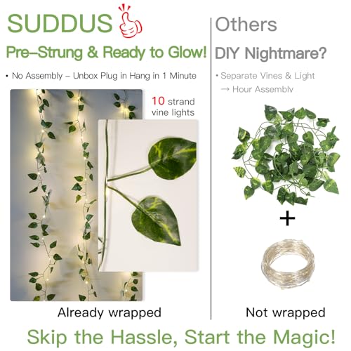 suddus 200 LED Vine with Light Plug in, 6.5ft x 6.5ft Pothos Fairy Curtain Lights with Remote, Leaf Fairy Lights for Wall,Bedroom, Dorm, Wedding, Party, Indoor Decor(Warm White) - color: Pothos, size: Plug In-200led
