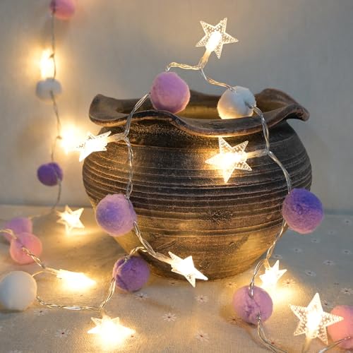ChiRee Indoor String Lights 6.56 Feet Pom Poms Star Lights 20 LED Battery Operated String Fairy Lights Warm White Star Lights Colorful Decor Lights for Home Bedroom Kids Playhouse Holiday Christmas - style: Star-Purple
