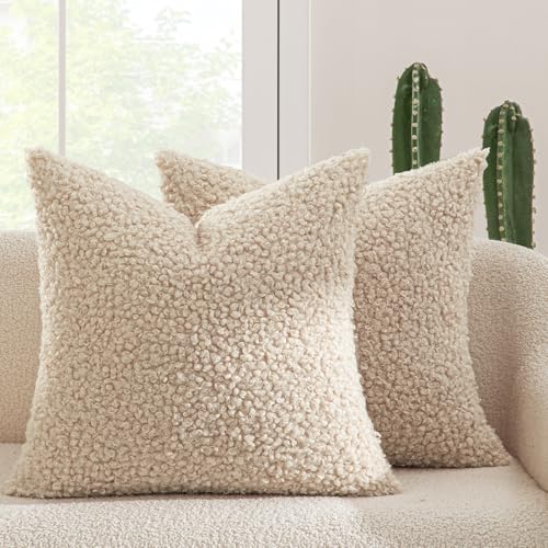 MIULEE Pack of 2 Faux Fur Throw Pillow Covers 16x16 Inch Neutral Light Beige Boucle Decorative Sherpa Pillow Covers Fuzzy Accent Soft Sheepskin Fleece for Boho Home Decor Couch Living Room Bed - color: Neutral Light Beige, size: 16" x 16" (Pack of 2)