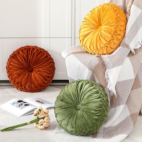 Drydiet 1 Pcs Round Throw Velvet Pillows Decorative Pleated Throw Pillows Diameter Accent Pumpkin Boho Chair Cushion for Couch Sofa Home Decoration (Yellow,15'') - color: Yellow, size: 15''
